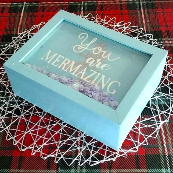 You Are Mermazing Mermaid Blue Wood with Sequins in Glass Top Jewelry Box - Picture 1 of 17
